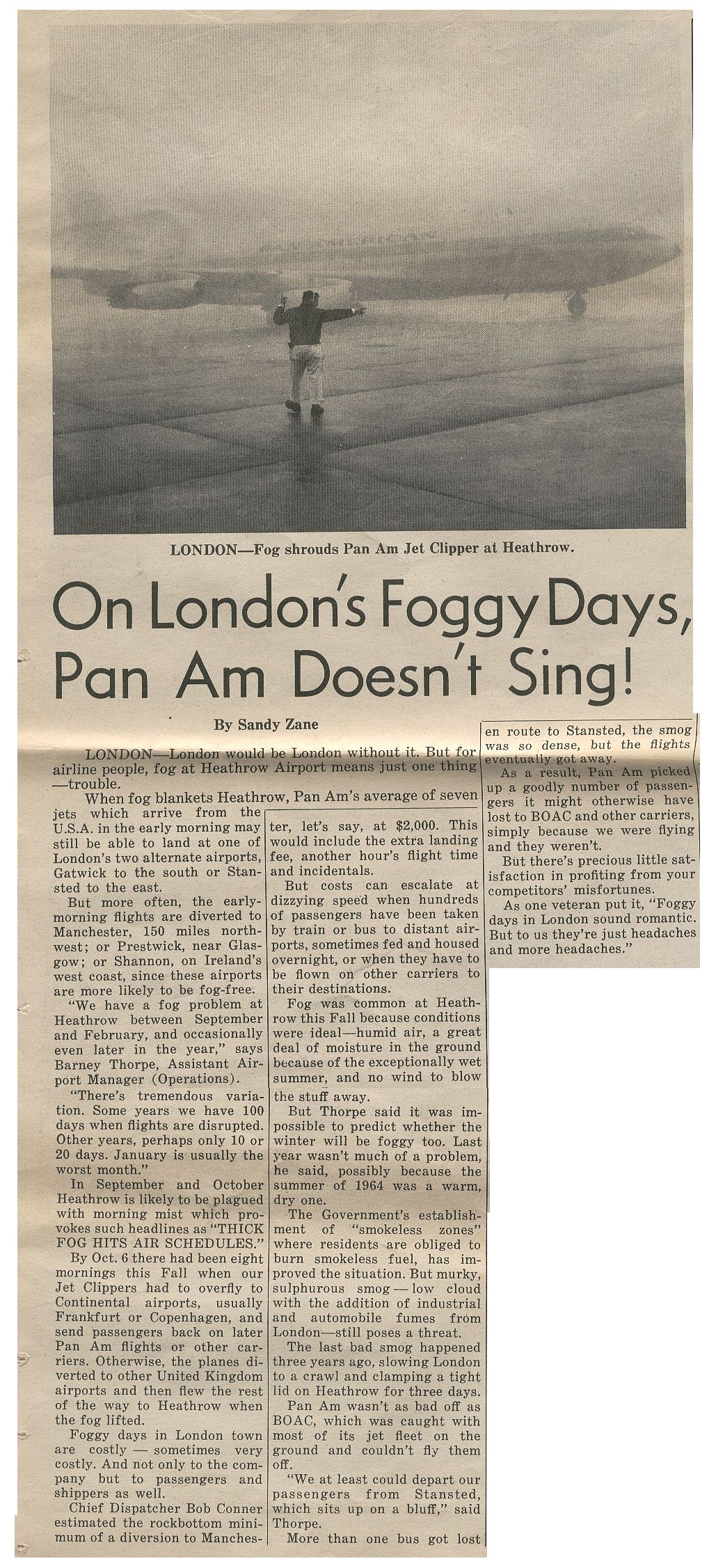 1965, November  1,  Article on fog delays at London Heathrow Airport.